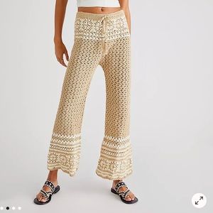 Free People Beige Crochet Wide-Leg Pants with White Accents